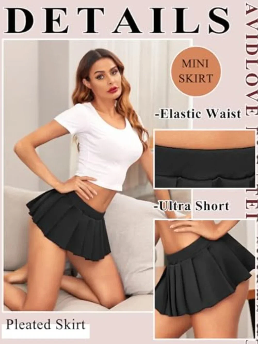 Pleated Mini Skirt with Elastic Waist Stretchy Soft Fabric Schoolgirl Role Play